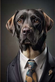 Anthropomorphic black labrador dog is dressed in a formal suit and tie, standing confidently. The dog exudes a sense of professionalism and sophistication as it poses for the camera, AI generated