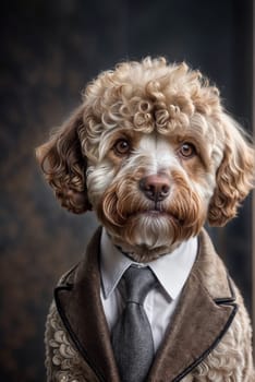 Anthropomorphic Lagotto truffe dog is dressed in a beige suit and tie, standing upright on its hind legs. The canine appears professional and well put together, almost like a human in formal attire. AI generated