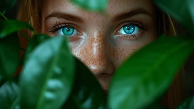 A woman with blue eyes peeking out from behind a green leaf