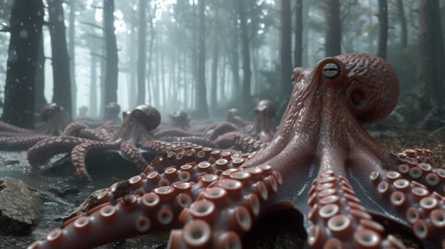 A group of large octopus tentacles are in a forest