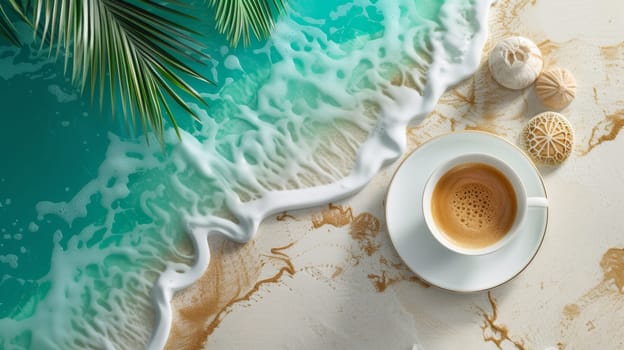 A cup of coffee on a marble table next to the ocean