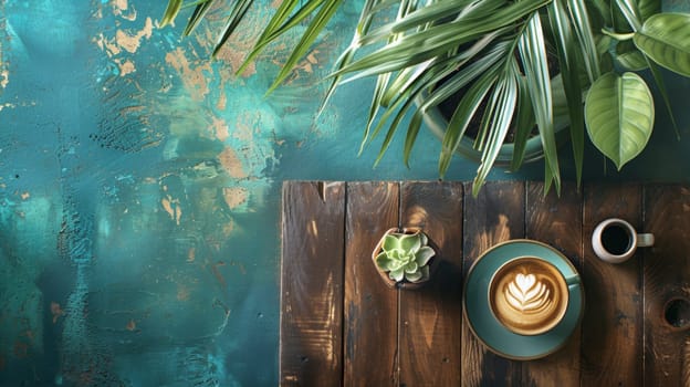 A coffee cup with a saucer of milk on top and some plants