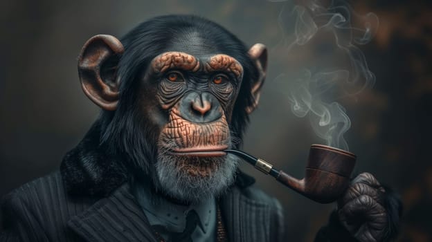 A monkey with a pipe smoking and wearing an old suit
