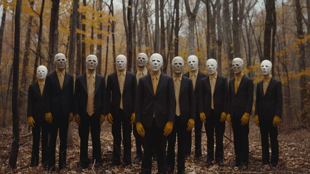 A group of men in suits and masks standing together