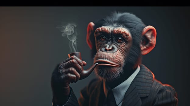 A monkey in a suit smoking and holding his pipe