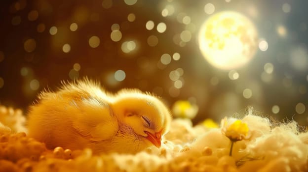 A baby bird sleeping on a bed of flowers and feathers