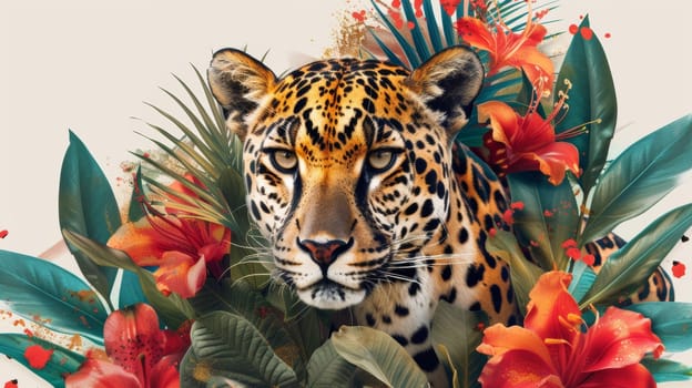 A leopard is surrounded by flowers and leaves in a painting