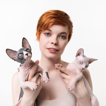 Redhead young woman hugging two Sphynx Cat in hands on white background. Pretty woman with short hair looking at camera. Square format, part of series.