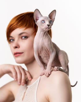Canadian Sphynx Cat sitting on shoulder of redhead young woman with short hair. Selective focus on cat, shallow depth of field. Head shot on white background. Part of series.