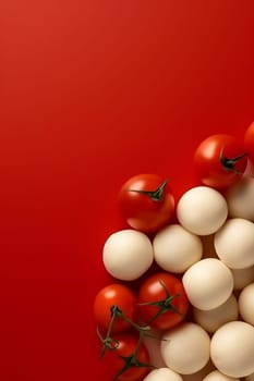 A collection of tomatoes and white spherical objects against a red background.