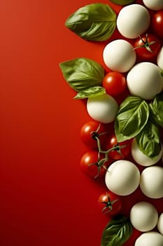 Fresh tomatoes, basil, and mozzarella on red backdrop, ingredients for caprese salad.