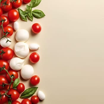 Fresh tomatoes, basil, and mozzarella cheese on a beige background