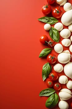 Fresh tomatoes, basil, and mozzarella on red background.