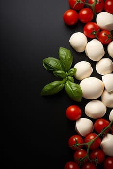 Fresh basil, cherry tomatoes, and mozzarella balls arranged on a dark background