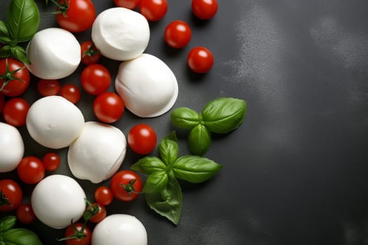 Fresh mozzarella, cherry tomatoes, and basil on dark background.