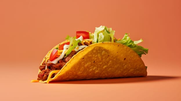 Savory taco with fresh toppings on orange background.