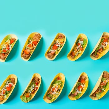 Assorted tacos with various fillings on a blue background