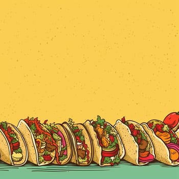 Colorful illustration of various tacos with different fillings.