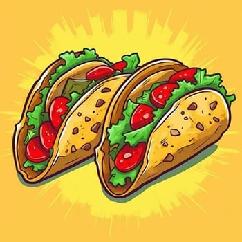 Illustration of two delicious tacos with tomatoes, lettuce, and cheese on yellow background.