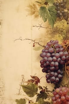 Vintage-style image of grapes on a vine against a textured backdrop.