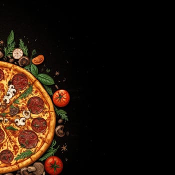 Delicious pepperoni pizza with mushrooms, tomatoes, and herbs on a dark background.