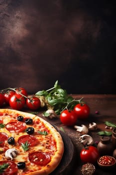 Delicious fresh pizza with tomatoes, cheese, mushrooms, and basil leaves.