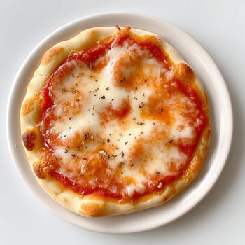 Freshly baked cheese pizza with a golden crust on a white plate.