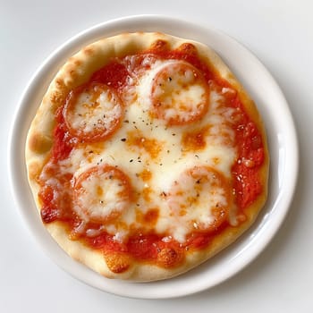 Freshly baked pizza with tomato, mozzarella cheese, and herbs on white plate.