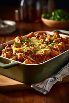 Cheesy baked casserole with a golden-brown crust and vibrant green onions on top.