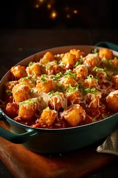 Cheesy tater tots in a casserole dish with rich tomato sauce and green onion garnish.