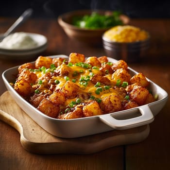 Cheesy potato casserole topped with green onions in a white baking dish.