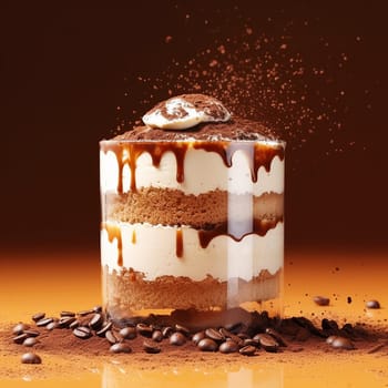 Layered tiramisu dessert with dripping chocolate and coffee beans.