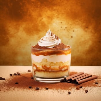 Layered tiramisu dessert in a glass with whipped cream topping, coffee and cocoa accent.