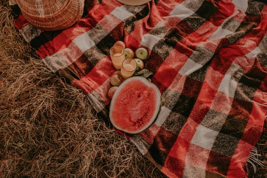 Travel blanket checkered red plaid on grass in summer on sunny day for picnic. wicker basket, scattered fruits, ripe apples, juicy cut watermelon seeds, straw hat. Camping, holiday, rest at nature