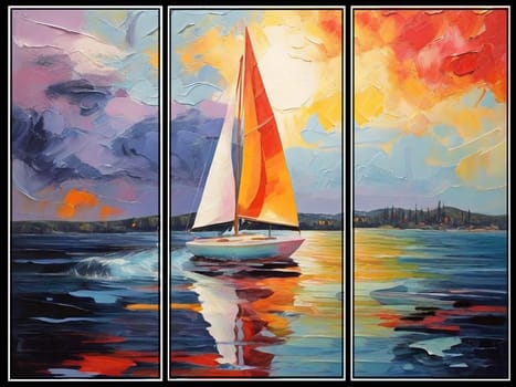 AI generated triptych painting of a boat sailing in early evening sunset. Fauvism style,