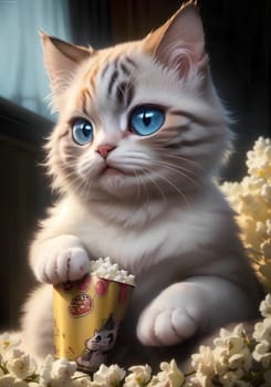 Kitten sprinkled a bucket of popcorn on a blue background. AI generated image.