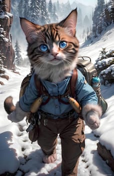 Active cat walks through the mountains, winter vacation, travel. AI generated image.