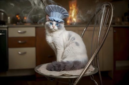 A cat cook sits on a chair in the kitchen during a fire. AI generated image.