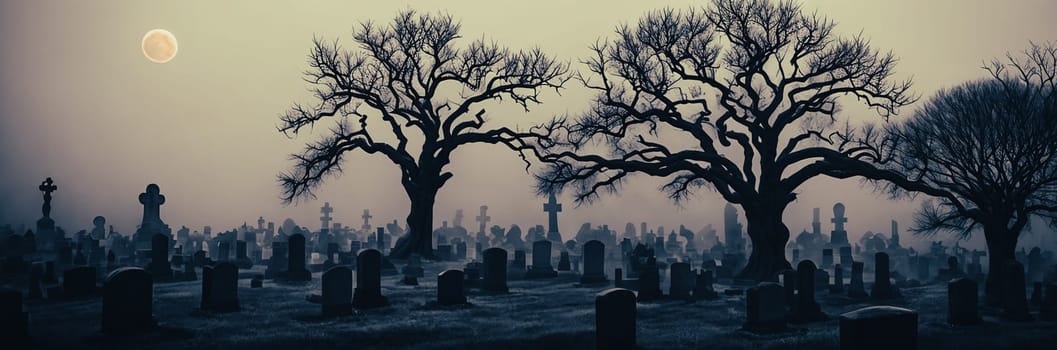 A hauntingly beautiful graveyard shrouded in mist, with weathered tombstones standing sentinel amidst gnarled trees and twisted branches reaching towards the moon.