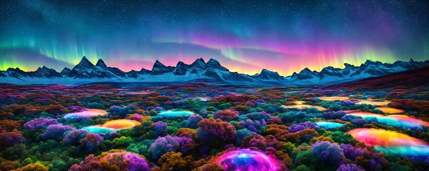 Celestial sky planet. A planet with multiple moons, colorful nebulae, and a mesmerizing aurora borealis filling the sky, colorful plants on the foreground. Panorama. Generative AI