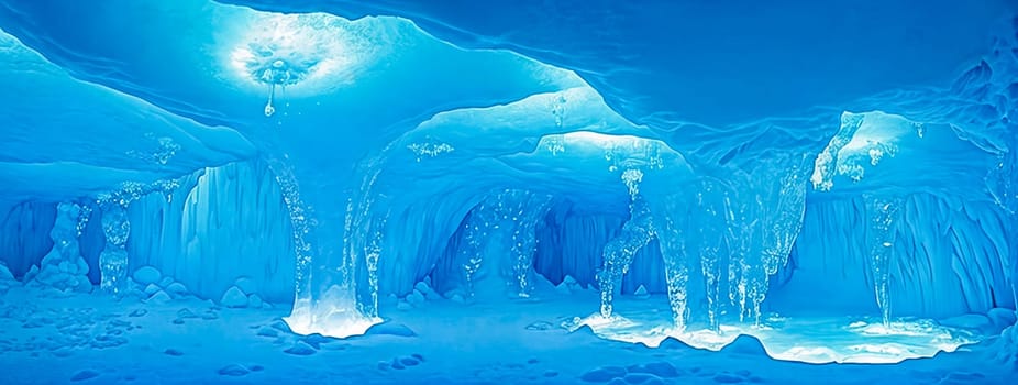 Ethereal ice cave illuminated by the soft glow of bioluminescent crystals, casting an eerie blue light. Generative AI