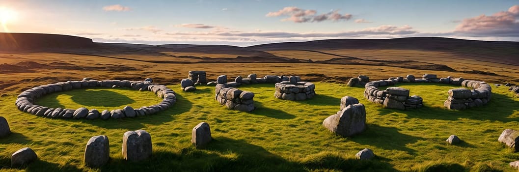 A mysterious and ancient stone circle nestled in a remote moorland, with the setting sun casting long shadows over the weathered monoliths