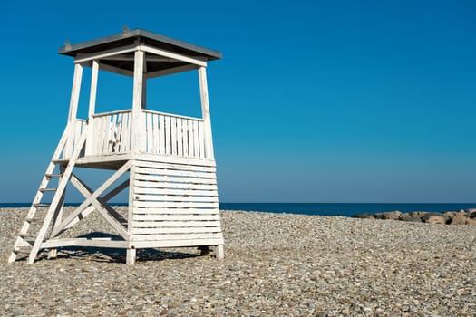 Lifeguard tower on the city beach in the morning in the resort village of Nebug, Krasnodar Territory, Russia.