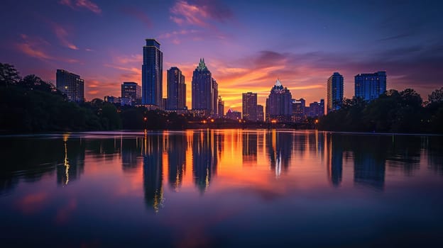 An elegant evening city skyline, lights reflecting on a calm river, skyscrapers silhouetted against a twilight sky, capturing urban beauty. Resplendent.