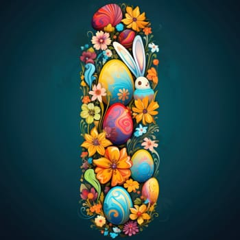 Holiday celebration banner with cute Easter decorated eggs and spring flowers on green spring meadow. Flowers in landscape. Happy Easter greeting card, banner, festive background.Copy space