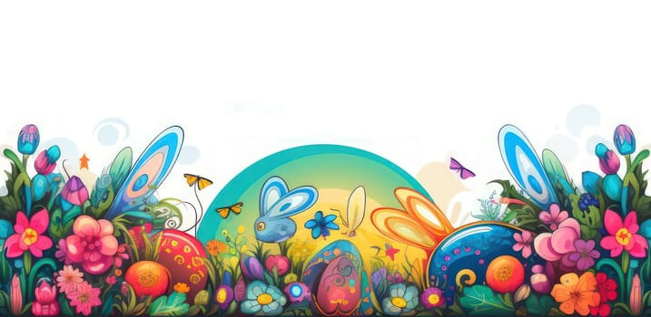 Holiday celebration banner with cute Easter decorated eggs and spring flowers on green spring meadow. Flowers in landscape. Happy Easter greeting card, banner, festive background.Copy space