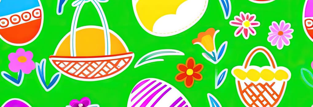 Holiday celebration banner with cute Easter decorated eggs and spring flowers on green spring meadow. Flowers in landscape. Happy Easter greeting card, banner, festive background.Copy space