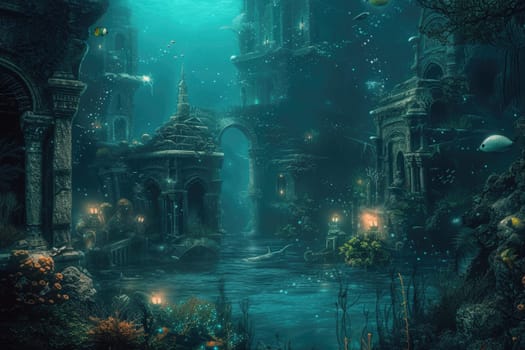 An underwater city with bioluminescent coral, schools of colorful fish, and ancient ruins, all illuminated by the eerie glow of an underwater volcano. Resplendent.