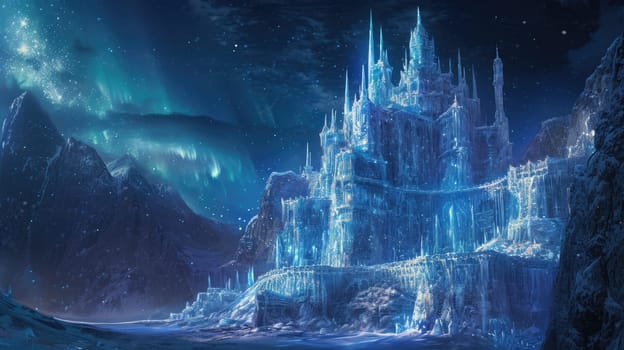 A magical winter wonderland at night, with ice castles, aurora borealis in the sky, and mystical creatures wandering in the snow-covered landscape. C. Resplendent.