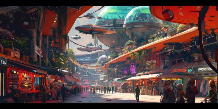 A vibrant, bustling futuristic city street lined with shops and restaurants, with pedestrians and flying vehicles filling the scene. Resplendent.
